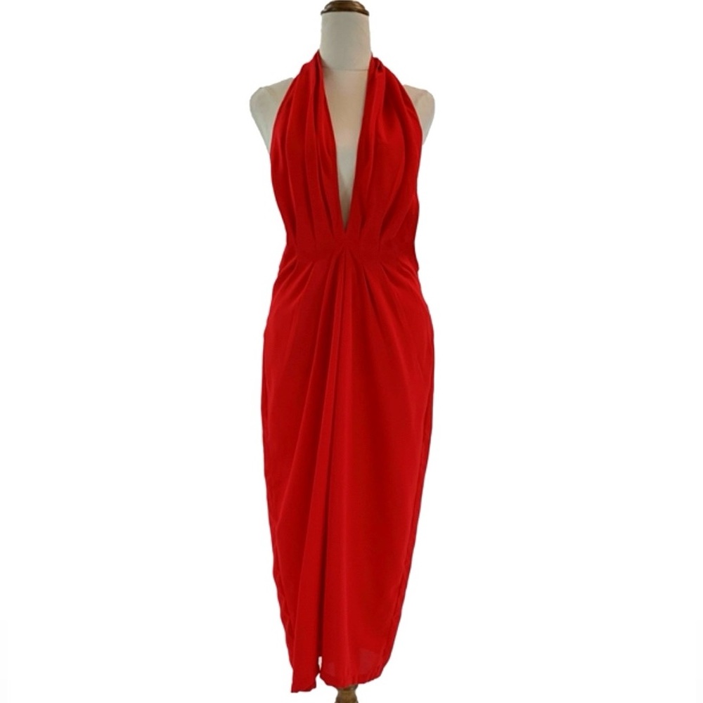 Open Back Plunge Red Midi Dress